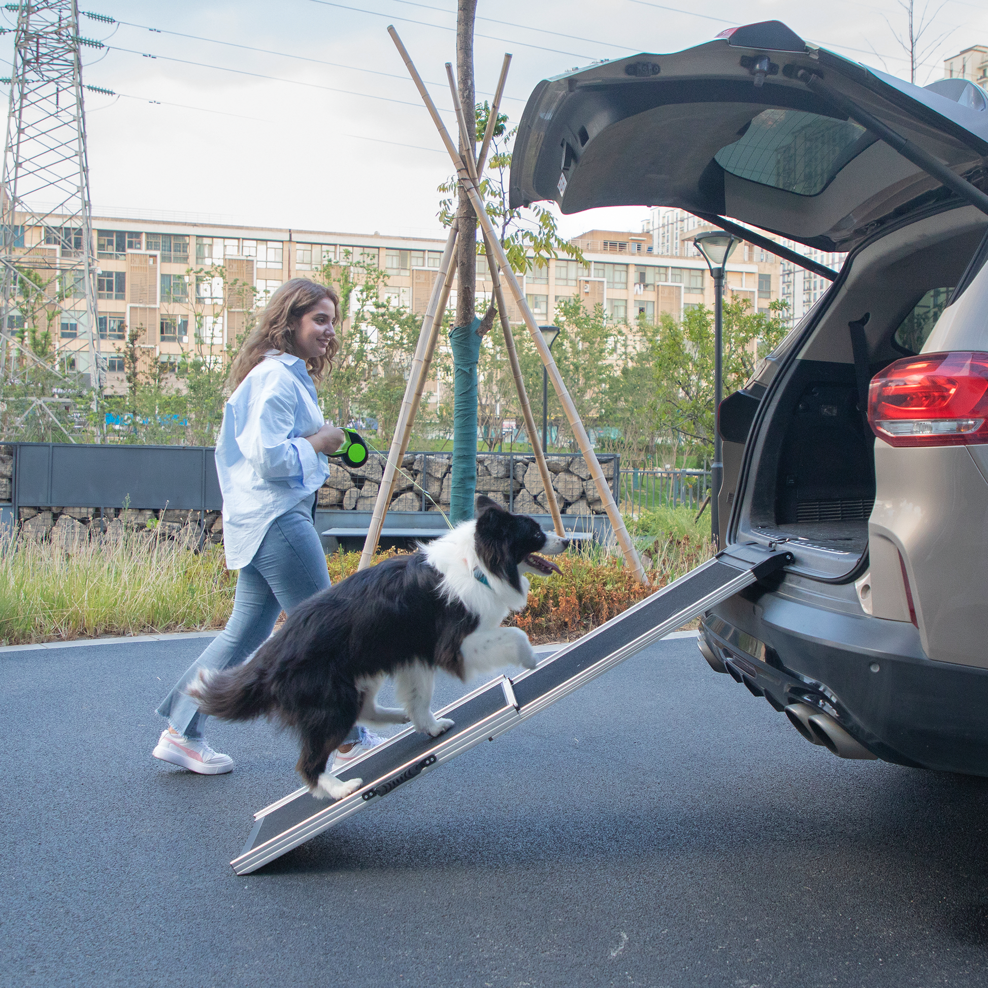 Foldable Aluminum Dog Car Step Ramp, Dog Ramp Climbing Ladder With Pvc Handle, Non Slip Foot Mats For Most Sized Dogs, Pet Ramp Ladder, Black Black Dog Aluminium Alloy,Polypropylene