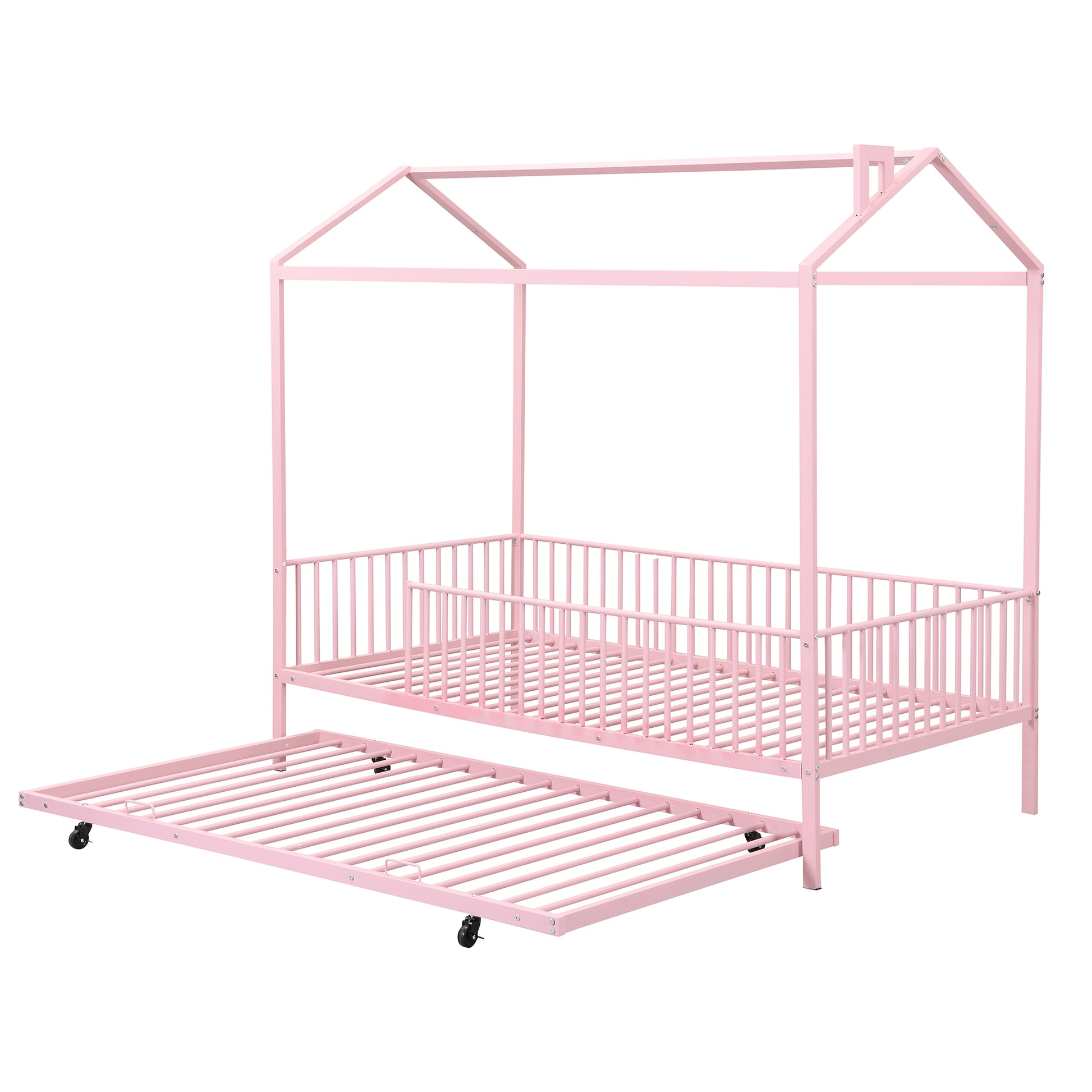 Twin Size Metal House Bed With Fence, With Trundle, Pink Expected Arrival Time: 10.18 Twin Pink Metal