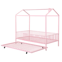 Twin Size Metal House Bed With Fence, With Trundle, Pink Expected Arrival Time: 10.18 Twin Pink Metal