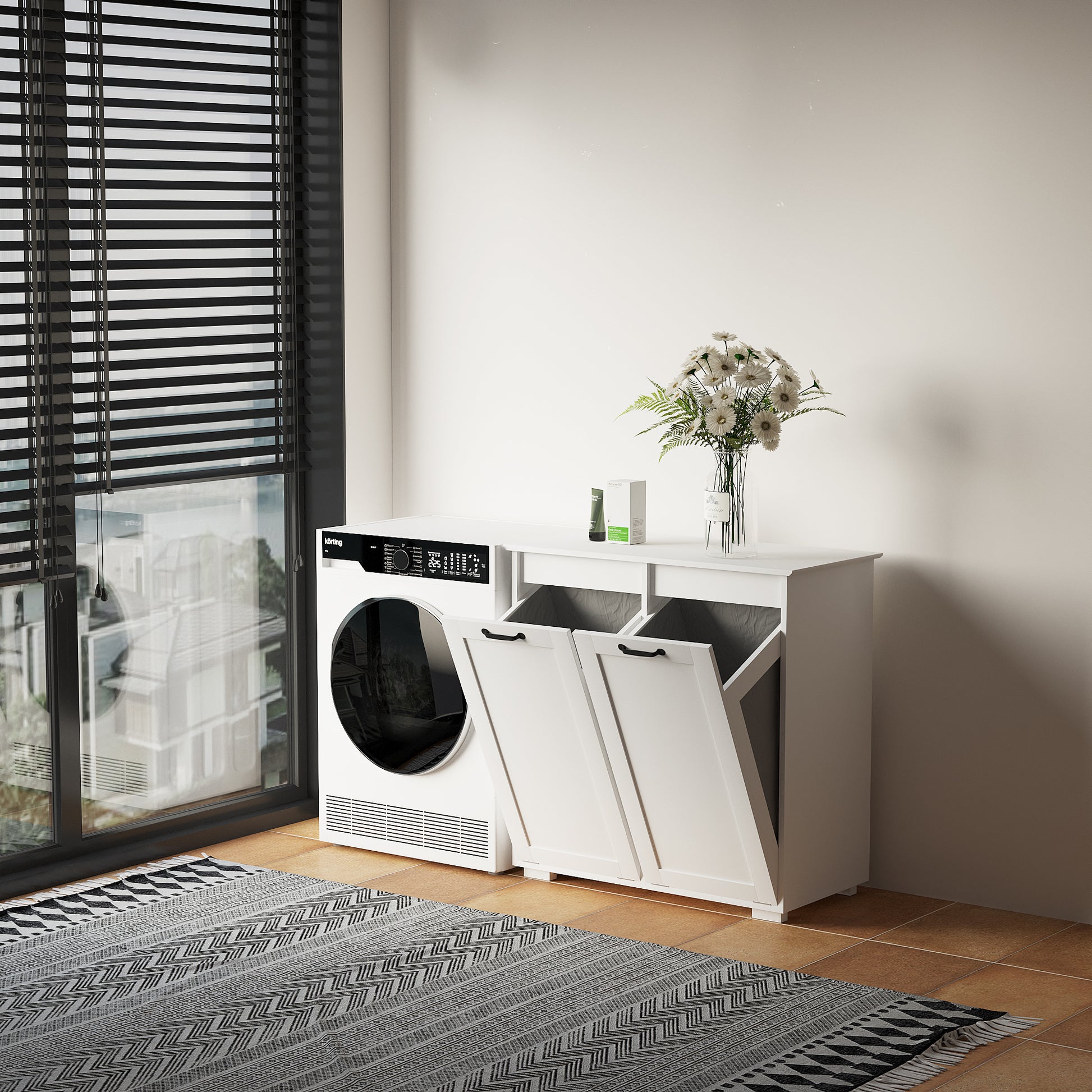 Laundry Cabinet ,With 2 Removable Liner Bags White Particle Board Mdf