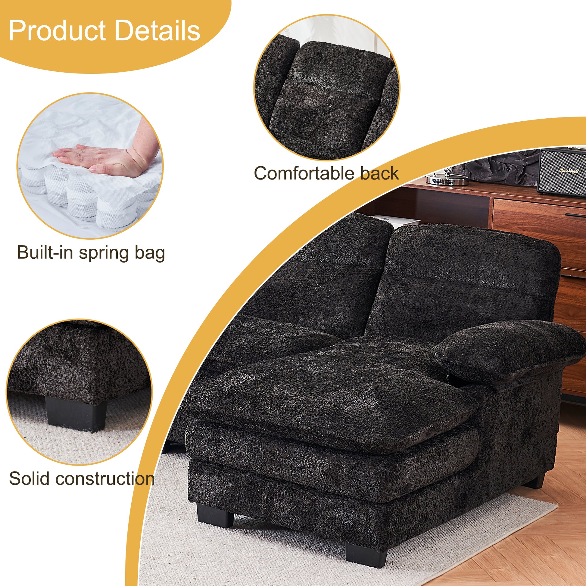 U Shaped Profile Sofa, Including Two Single Seats And Two Chaise, Modular Sofa, Chenille Sofa,Black Black Foam Polyester 4 Seat