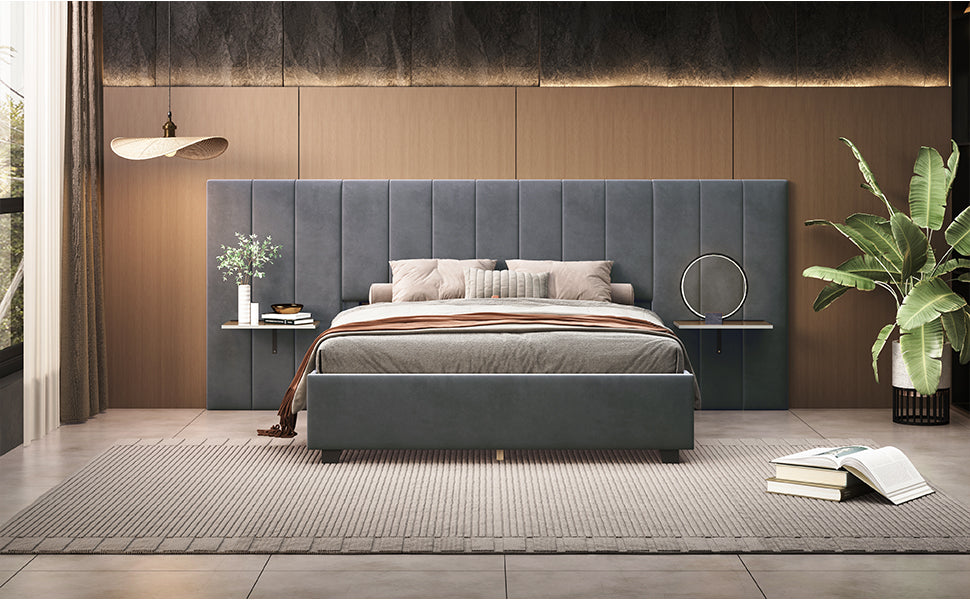 Queen Size Upholstered Platform Bed With Big Headboard, Bedroom Furniture, Velvet, Gray Queen Gray Plywood