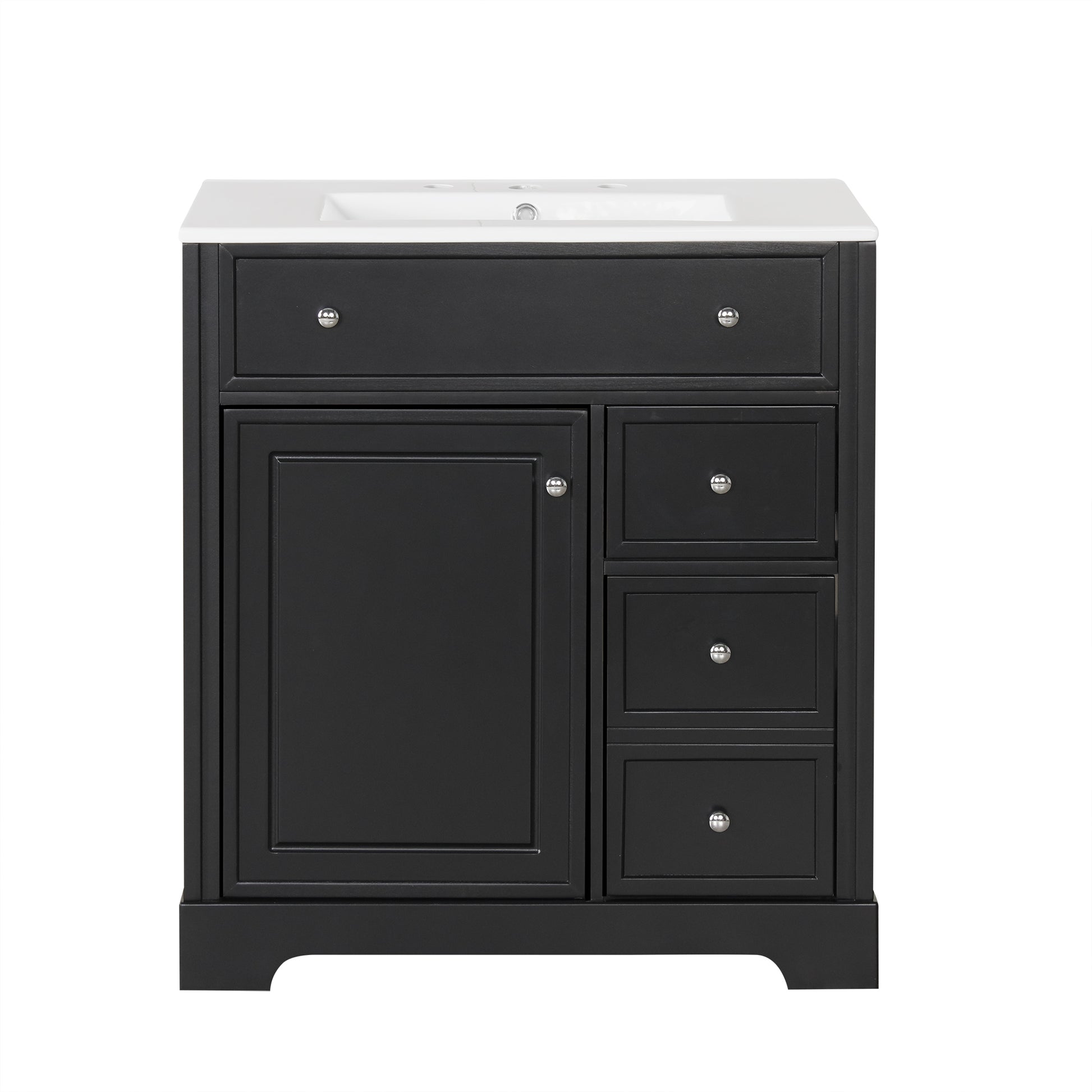 30" Bathroom Vanity With Sink Top, Bathroom Vanity Cabinet With Door And Two Drawers, Mdf Boards, Solid Wood, One Package, Black Black Solid Wood Mdf