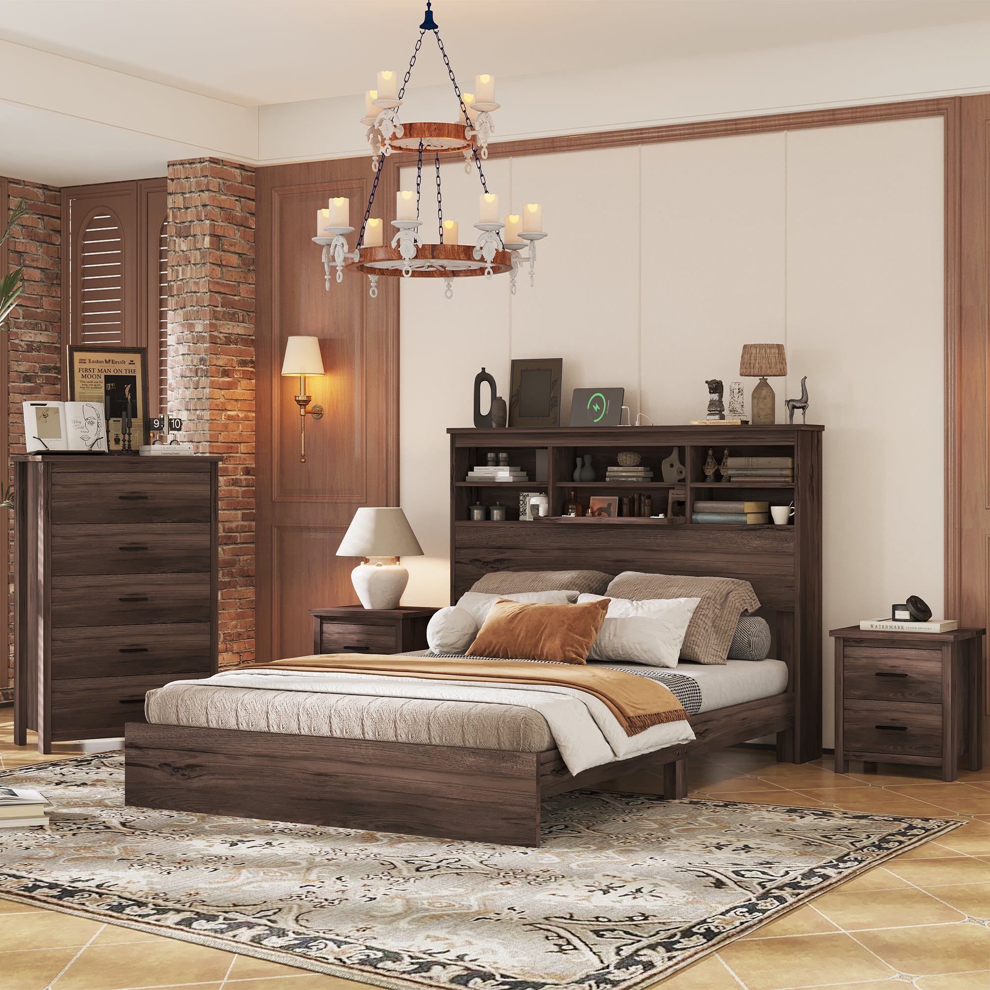 4 Pieces Bedroom Sets Queen Size Vintage Wooden Bed Frame With 2 Nightstands And 1 Dresser,Dark Walnut Box Spring Not Required Queen Walnut 4 Piece Set American Traditional Solid Wood Mdf