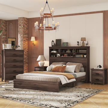 4 Pieces Bedroom Sets Queen Size Vintage Wooden Bed Frame With 2 Nightstands And 1 Dresser,Dark Walnut Box Spring Not Required Queen Walnut 4 Piece Set American Traditional Solid Wood Mdf