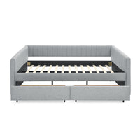 Queen Size Daybed With Two Drawers Trundle Upholstered Sofa Bed, With Vertical Stripes Linen Fabric, Grey 86.5"X65"X30" Grey Linen