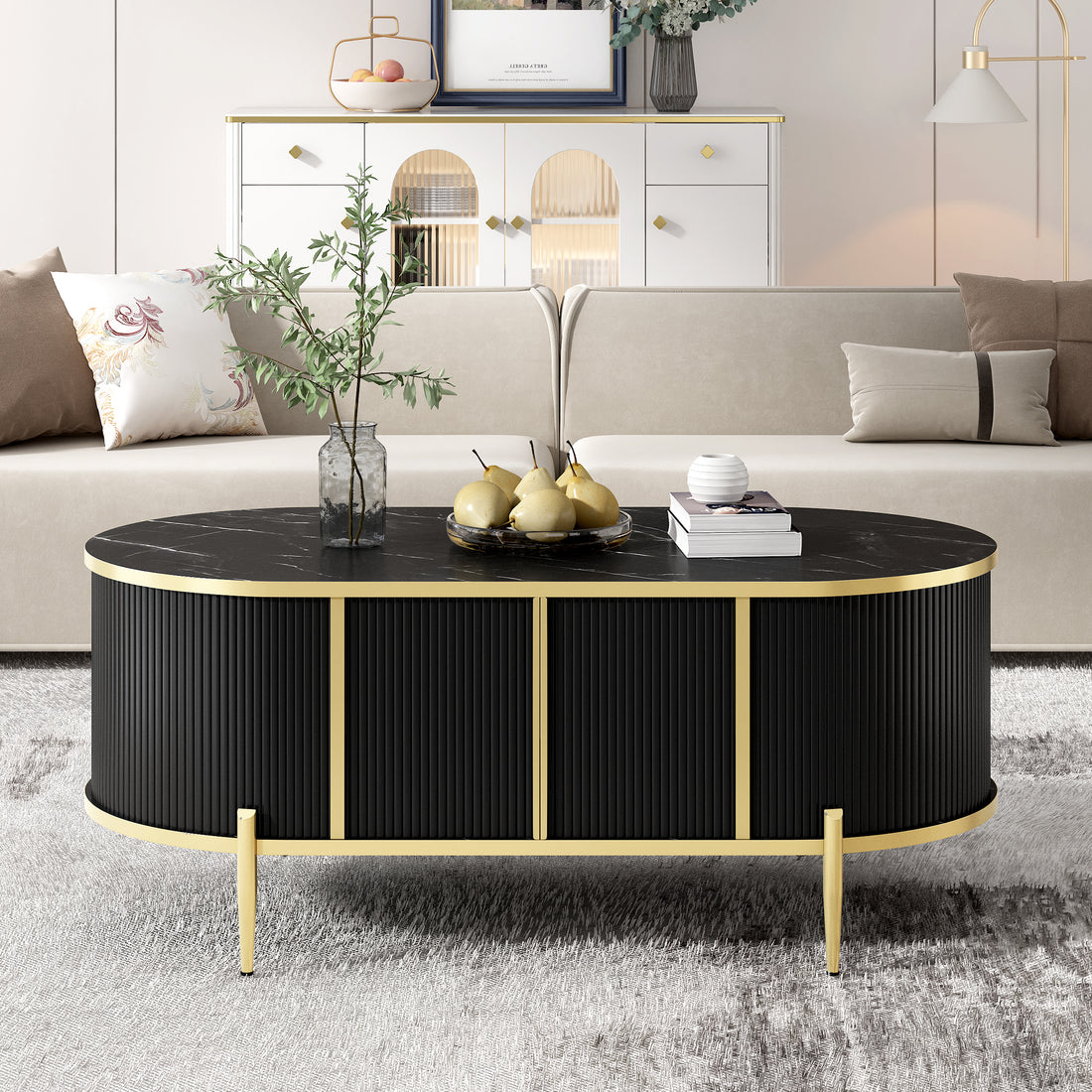 Modern Luxury Oval Shaped Fluted Coffee Table, Marble Patterned Top Coffee Table With 2 Cabinets, Metal Legs And Handles For Living Room, Black Date Of Expected Arrival: 11.20 Black Mdf