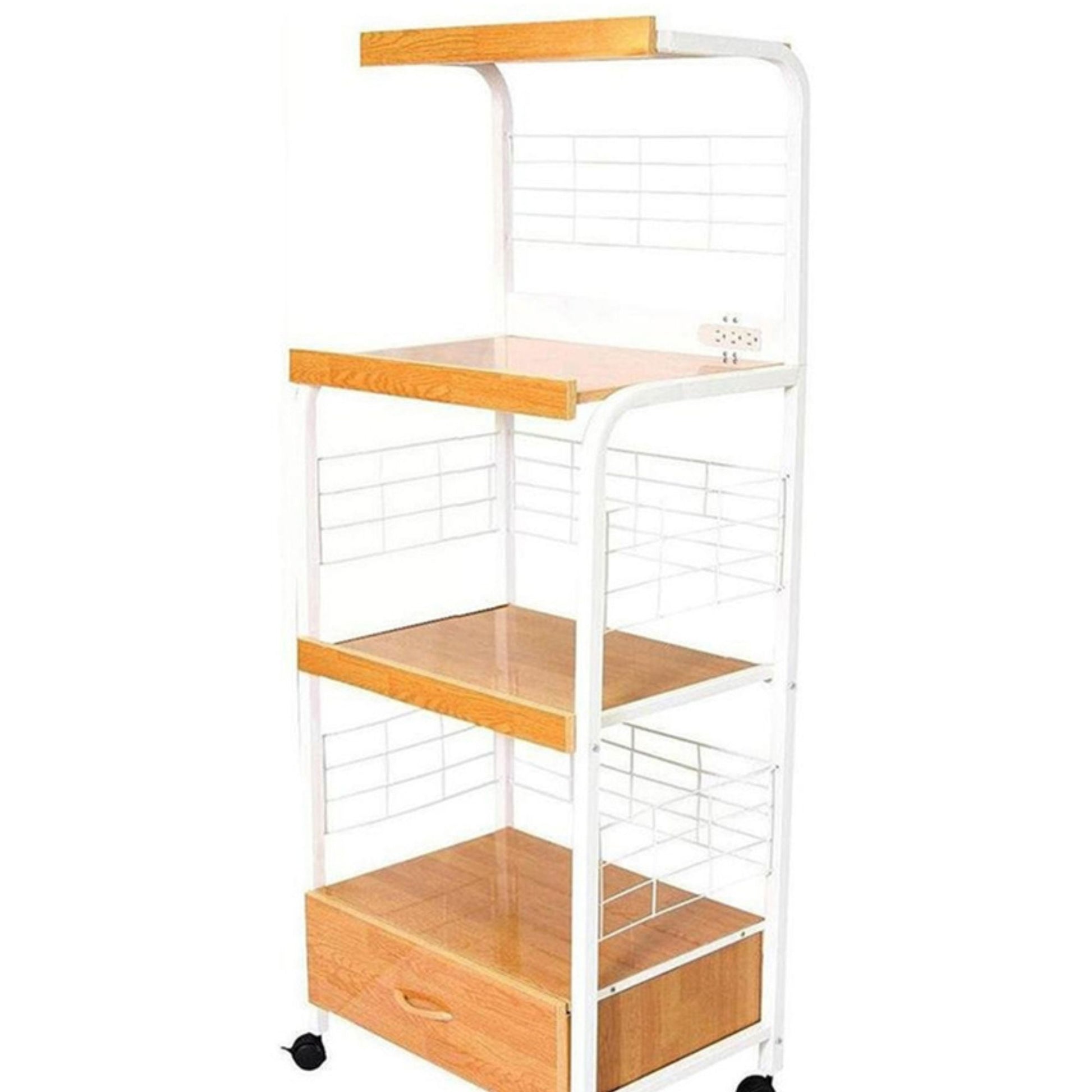 59.5" Tall 3 Tier Microwave Kitchen Cart With Drawer And Outlet, White And Natural Natural White Metal