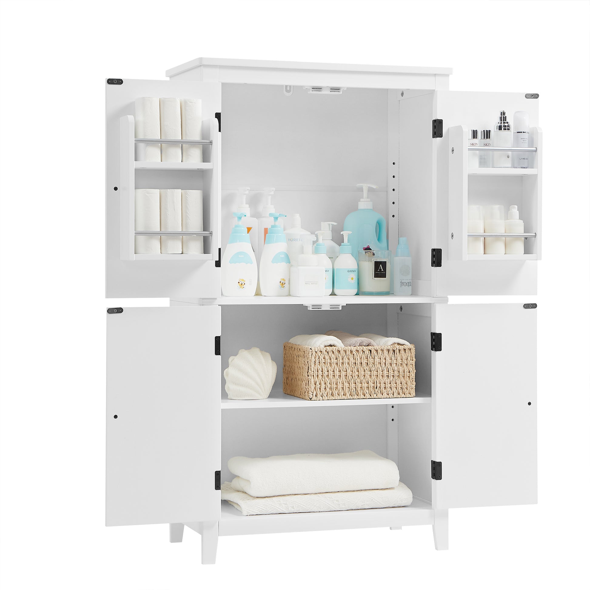 Elegant Bathroom Floor Storage Cabinet, Bathroom Storage Unit, Freestanding Cabinet With 4 Doors, Adjustable Shelves, Adaptable Shelves, White White Mdf