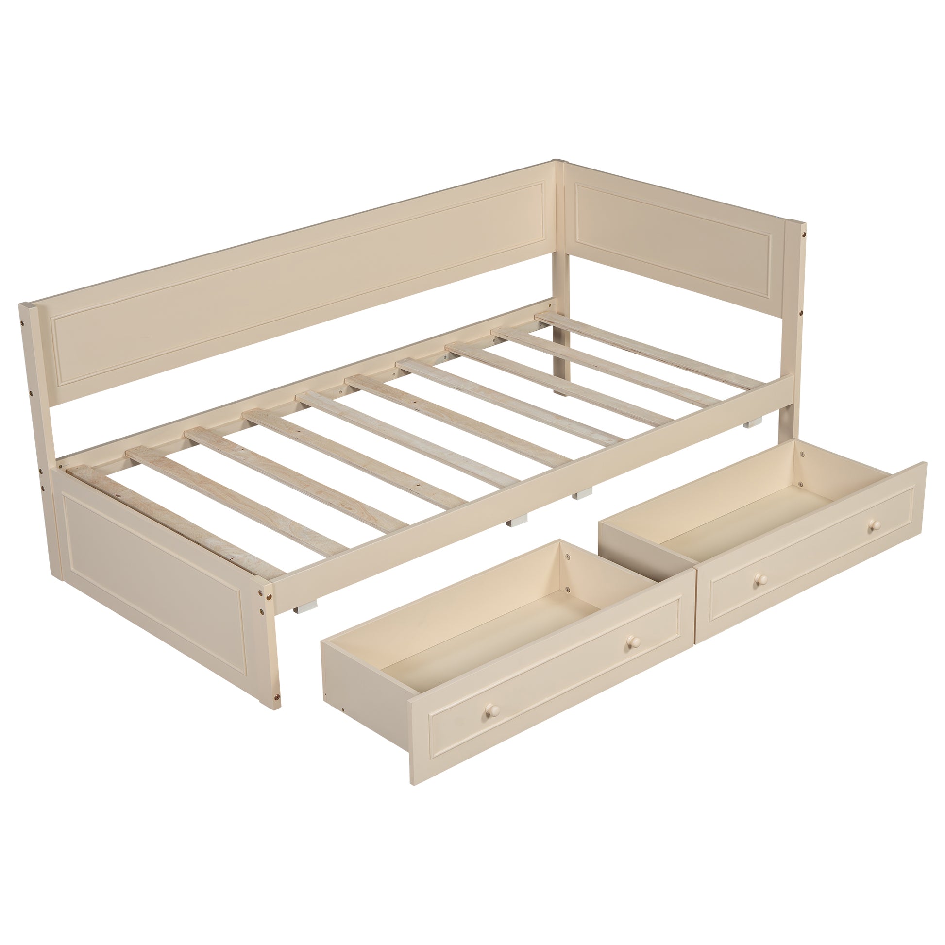 Twin Size Wood Daybed With 2 Drawers And Guardrail, Beige Beige Solid Wood Mdf