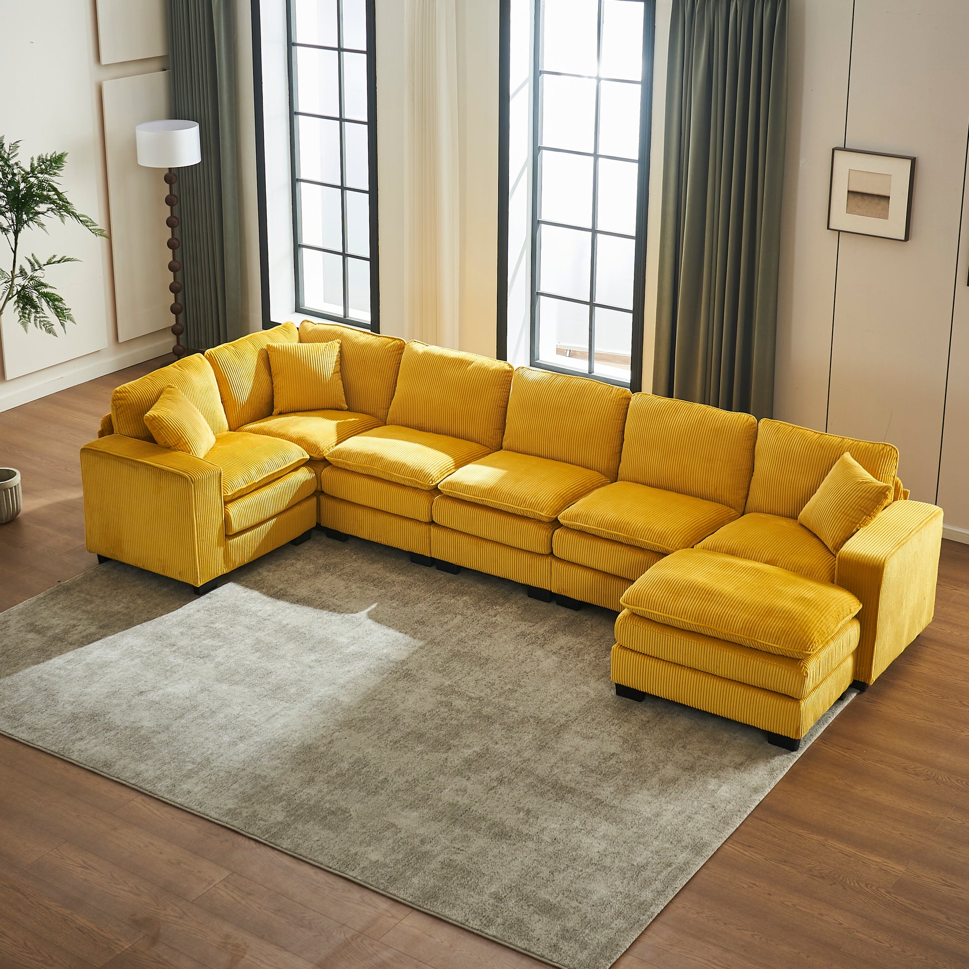 Modern U Shaped 6 Seat Sectional Sofa Couch With One Ottoman And Three Toss Pillows ,Modular Sofa For Living Room,Corduroy Sofa Yellow Corduroy 7 Seat