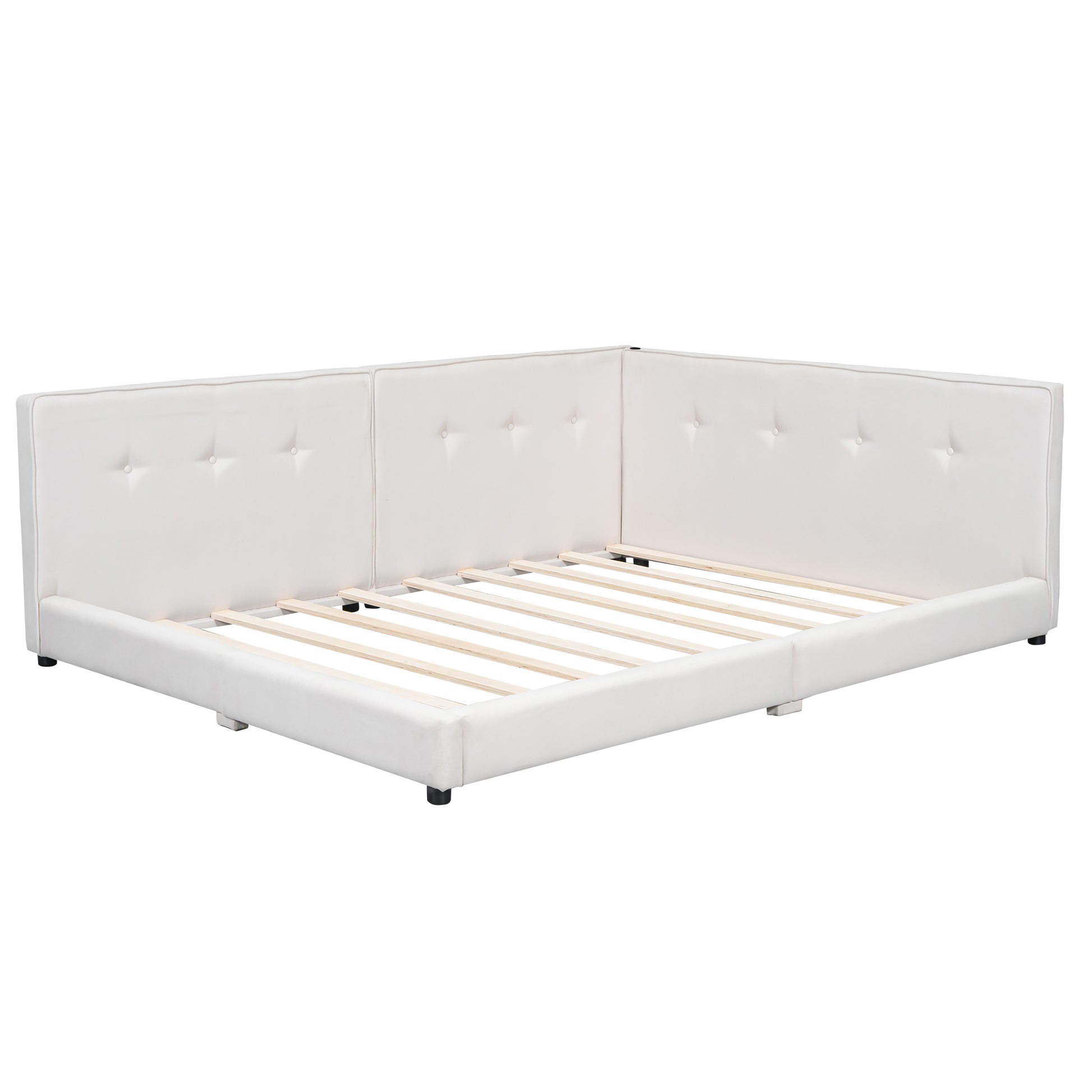 Upholstered Queen Size Platform Bed With Usb Ports, Beige Queen Box Spring Not Required Beige Linen