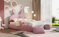 Full Size Upholstered Platform Bed With Cartoon Ears Shaped Headboard And Light, Pink Box Spring Not Required Full Pink Wood Bedroom Bed Frame Velvet Upholstered