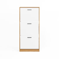 Shoe Storage Cabinet With 3 White Panel Flip Drawers, Freestanding Organizer For Entryway, Narrow Shoe Rack Cabinet 3 4 Spaces Natural Primary Living Space Particle Board