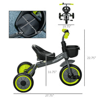 Qaba Kids Tricycle For Toddlers Age 2 5 With Adjustable Seat, Toddler Bike For Children With Basket, Bell, Handlebar Grips, Yellow Yellow Metal