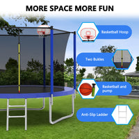 10Ft Trampoline For Kids, Basketball Hoop And Ladder, Outdoor Kids Trampoline With Safety Enclosure,Fast Assembly For Backyard Fun,Astm Approved Blue Metal