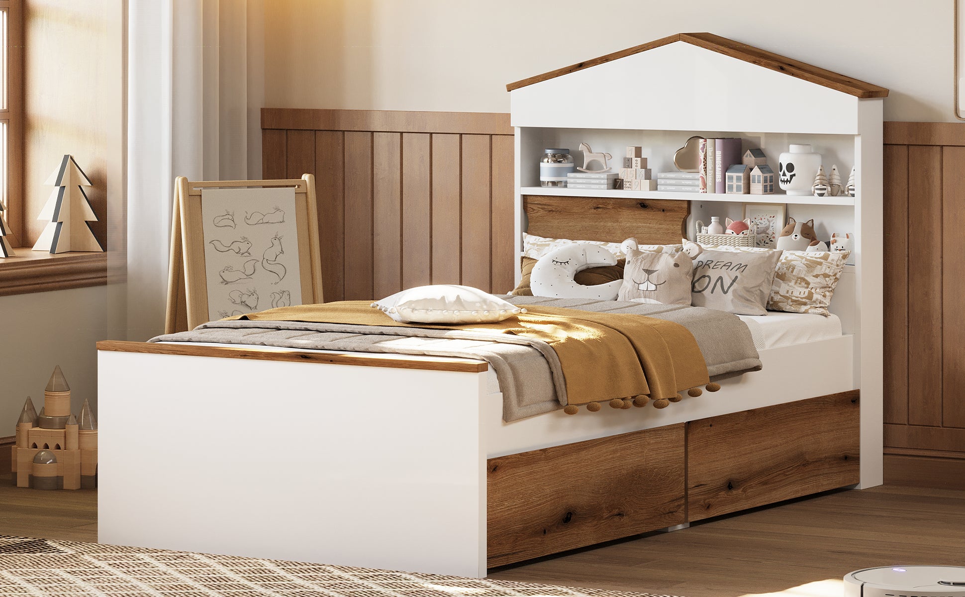 Twin Size House Shaped Wooden Bed With Storage Shelf On The Headboard, Built In Two Storage Drawers, Brown Brown White Wood