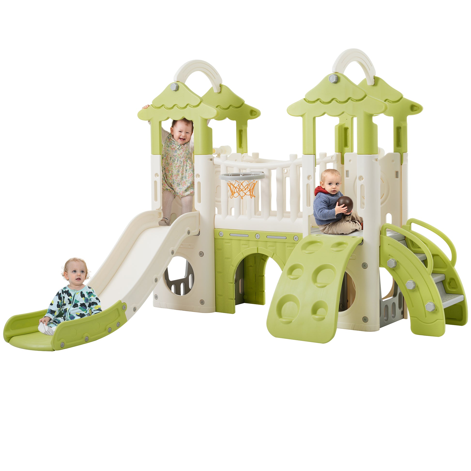 8 1 Toddler Climber And Slide Set,Kids Slide For Toddlers Age 1 , Kids Playground Climber Freestanding Slide Playset With Basketball Hoop, Play Combination For Babies,Indoor& Outdoor Green 150 199 Lbs Cute 1 To 2 Years Hdpe Indoor & Outdoor Use