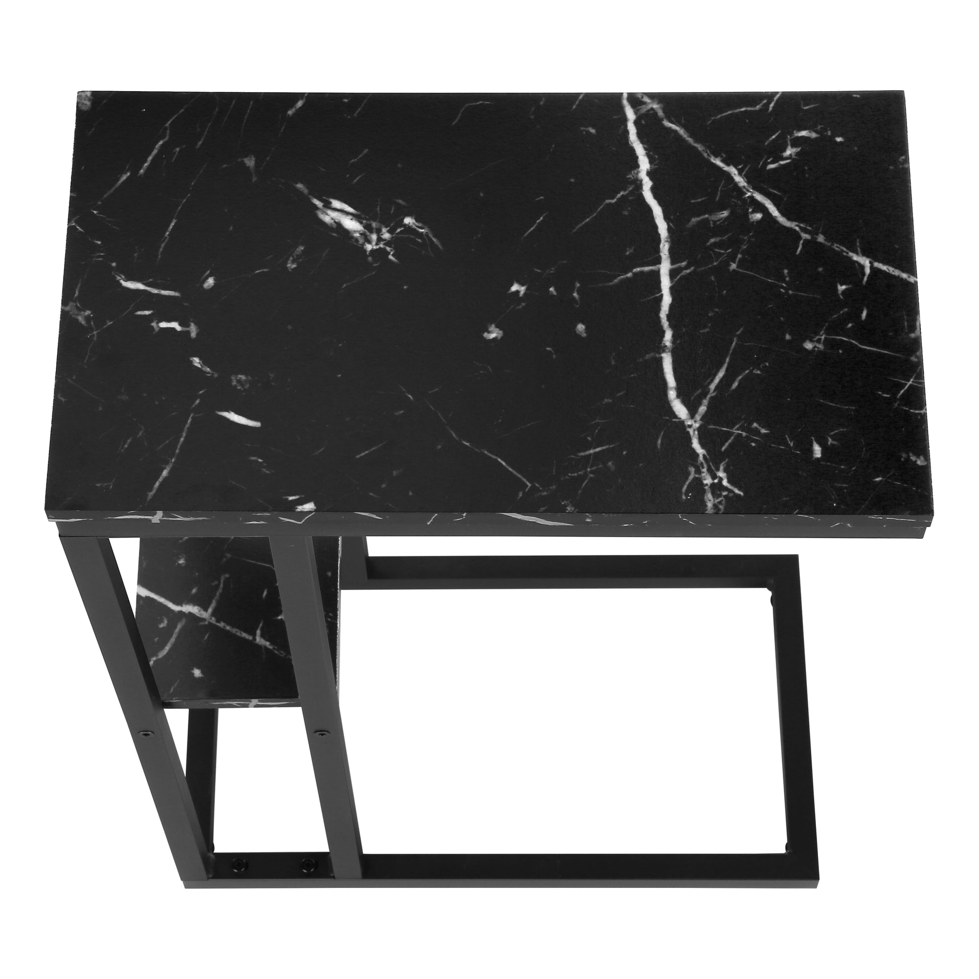 Accent Table, C Shaped, End, Side, Snack, Living Room, Bedroom, Black Marble Look Laminate, Black Metal, Contemporary, Modern Black Particle Board