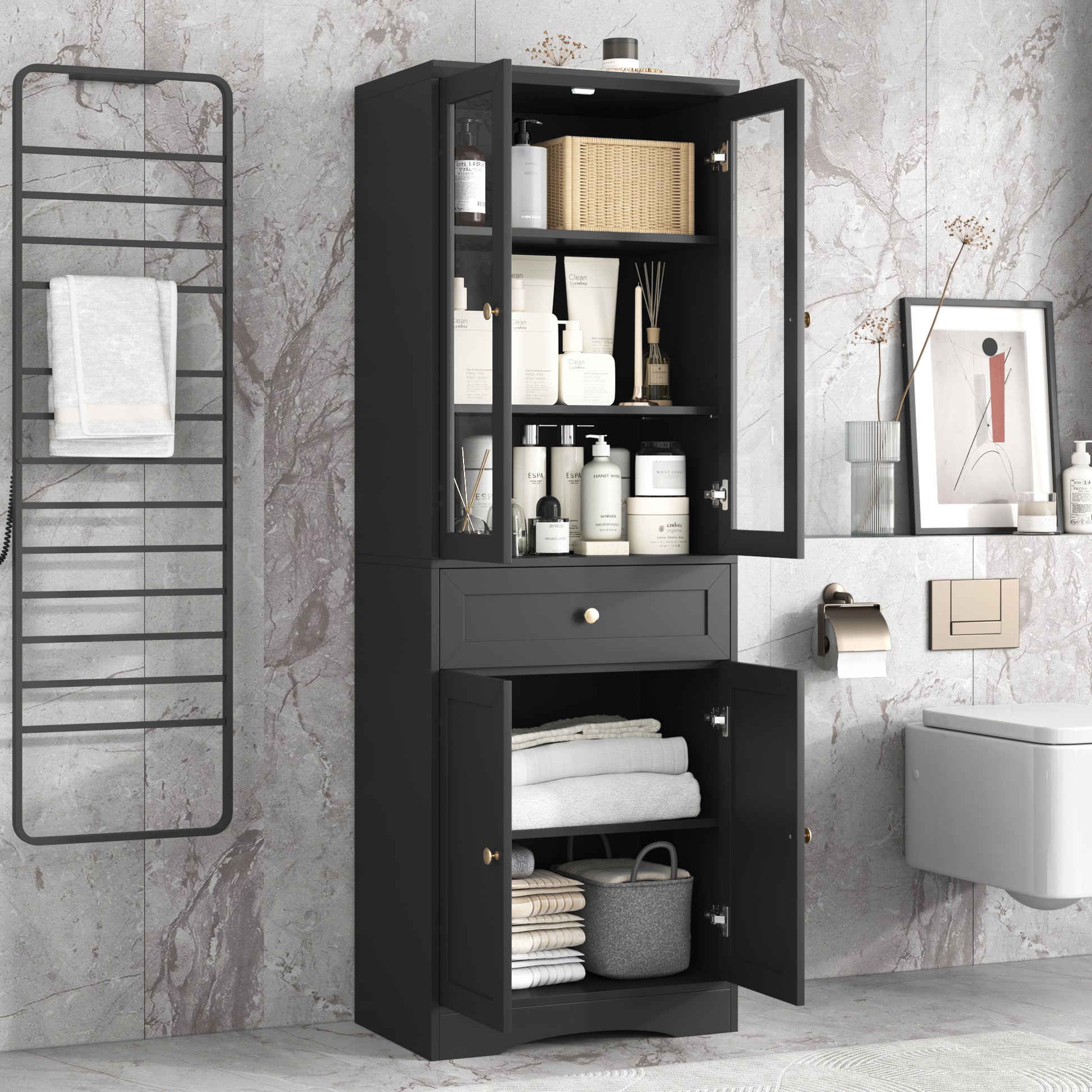 Tall Bathroom Storage Cabinet, Cabinet With Four Doors And Drawers, Adjustable Shelf, Mdf Board, Black Black Mdf