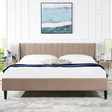 Aspen Vertical Tufted Headboard Platform Bed Set, King, Mink Beige Performance Velvet Box Spring Not Required King Mink Wood Foam Velvet Velvet