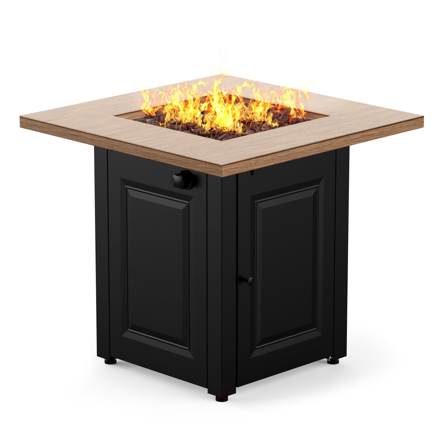 28In Gas Fire Pit Table, 50000 Btu Propane Fire Pit Table With Lid & Lava Rocks, Flame Out Protection,Wood Grain Black Black Steel