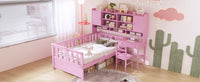 Twin Size Multifunctional Wood Platform Bed With Bookshelf At The Head Of The Bed, Built In Desk And Matching Chair, Pink Twin Pink Wood