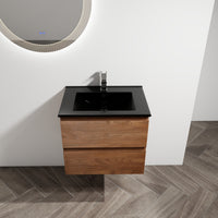 24" Wall Mounted Bathroom Vanity With Black Ceramic Sink, 2 Soft Close Drawers, Kd Package 2 Brown Oak Bathroom Wall Mounted Modern Plywood