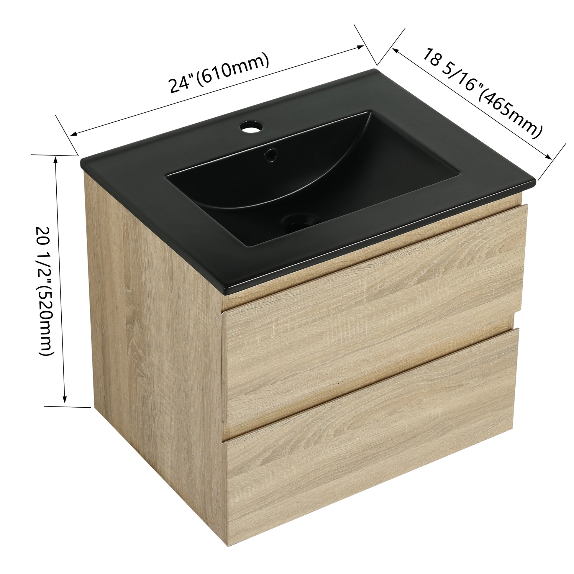 24" Wall Mounted Bathroom Vanity With Black Ceramic Sink, 2 Soft Close Drawers, Kd Package 2 Light Oak Bathroom Wall Mounted Modern Plywood