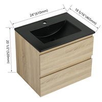 24" Wall Mounted Bathroom Vanity With Black Ceramic Sink, 2 Soft Close Drawers, Kd Package 2 Light Oak Bathroom Wall Mounted Modern Plywood