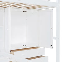 Twin Bunk Bed With Drawers, Wardrobe, Storage Shelves And Hydraulic Bed,White White Mdf Lvl