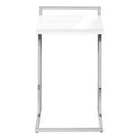 Accent Table, C Shaped, End, Side, Snack, Living Room, Bedroom, Glossy White Laminate, Chrome Metal, Contemporary, Modern White Particle Board
