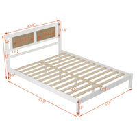 Queen Size Wood Platform Bed With Natural Rattan Headboard,Exquisite Elegance With Minimalist Charm For Bedroom,White White Particle Board