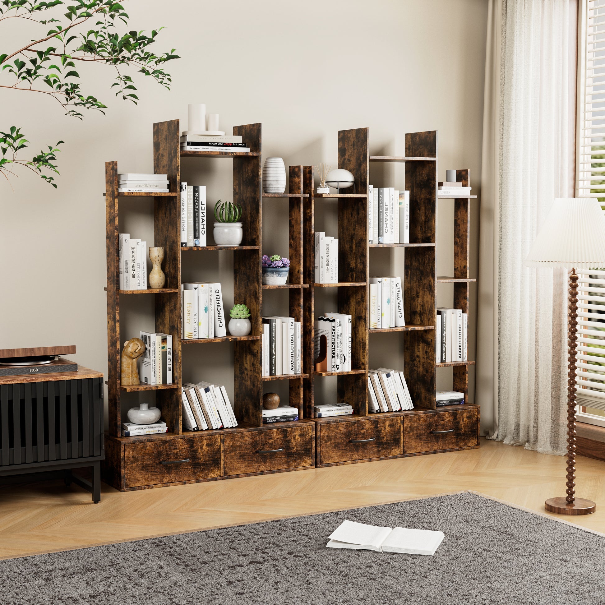 Bookshelf With 2 Drawers, Industrial Freestanding Open Display Shelving, Vintage Open Bookcase, 12 Storage Shelves, Book Case For Bedroom, Living Room, Home Office, Rustic Brown Deep Rustic Brown Metal