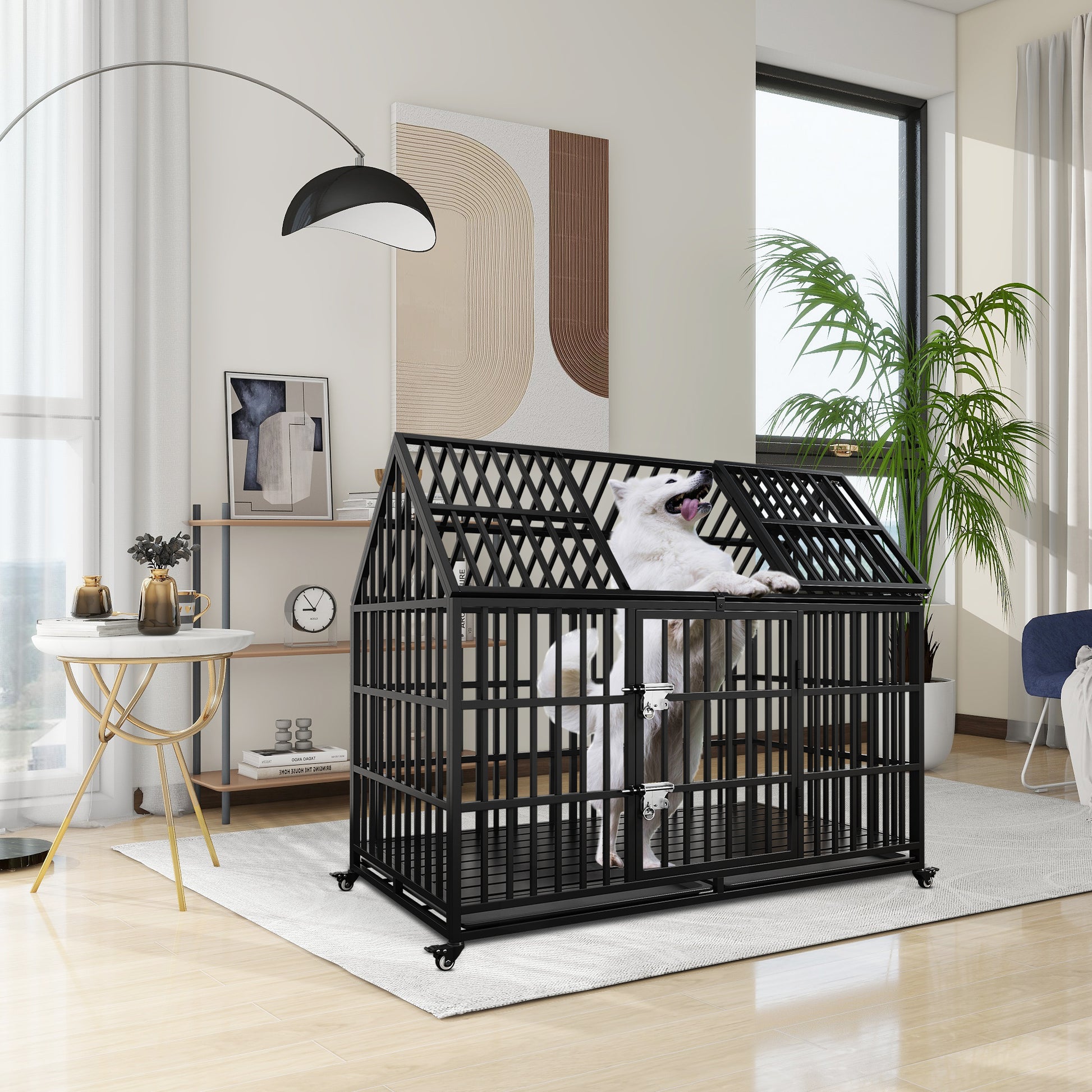 54" Heavy Duty Dog Crate Large Dog Cage Strong Metal Dog Kennels And Crates For Large Dogs Top Open With 2 Doors 4 Lockable Wheels 2 Removable Trays Black Outdoor Kennel Extra Large 71 90 Lbs Steel