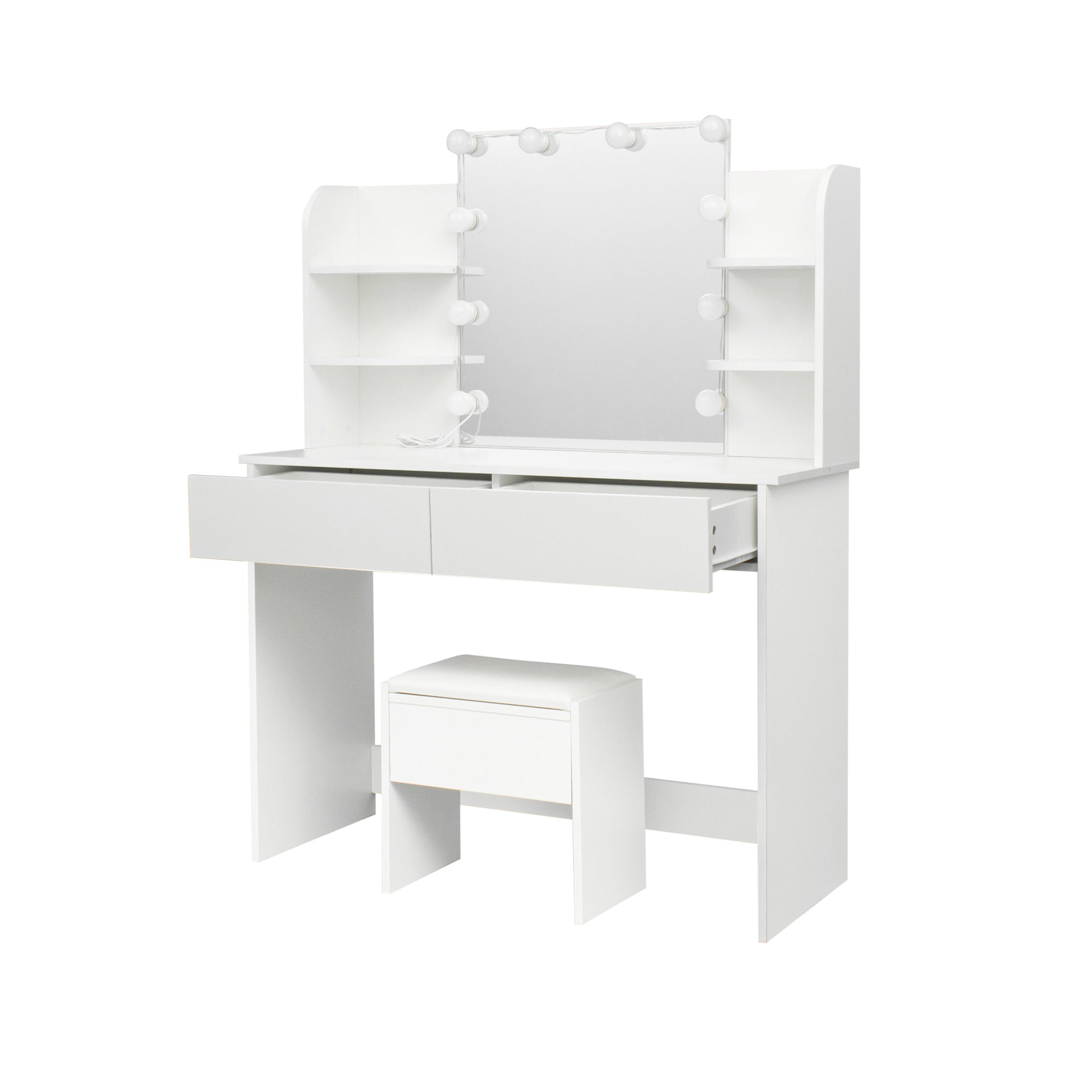 Modern Dressing Table With 2 Drawers, 4 Open Shelves Rectangular Makeup Table With Mirror, 10 Lamp Bulb,42.52*15.75* 52.76Inch,For Bedroom White Particle Board Mdf