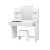 Modern Dressing Table With 2 Drawers, 4 Open Shelves Rectangular Makeup Table With Mirror, 10 Lamp Bulb,42.52*15.75* 52.76Inch,For Bedroom White Particle Board Mdf