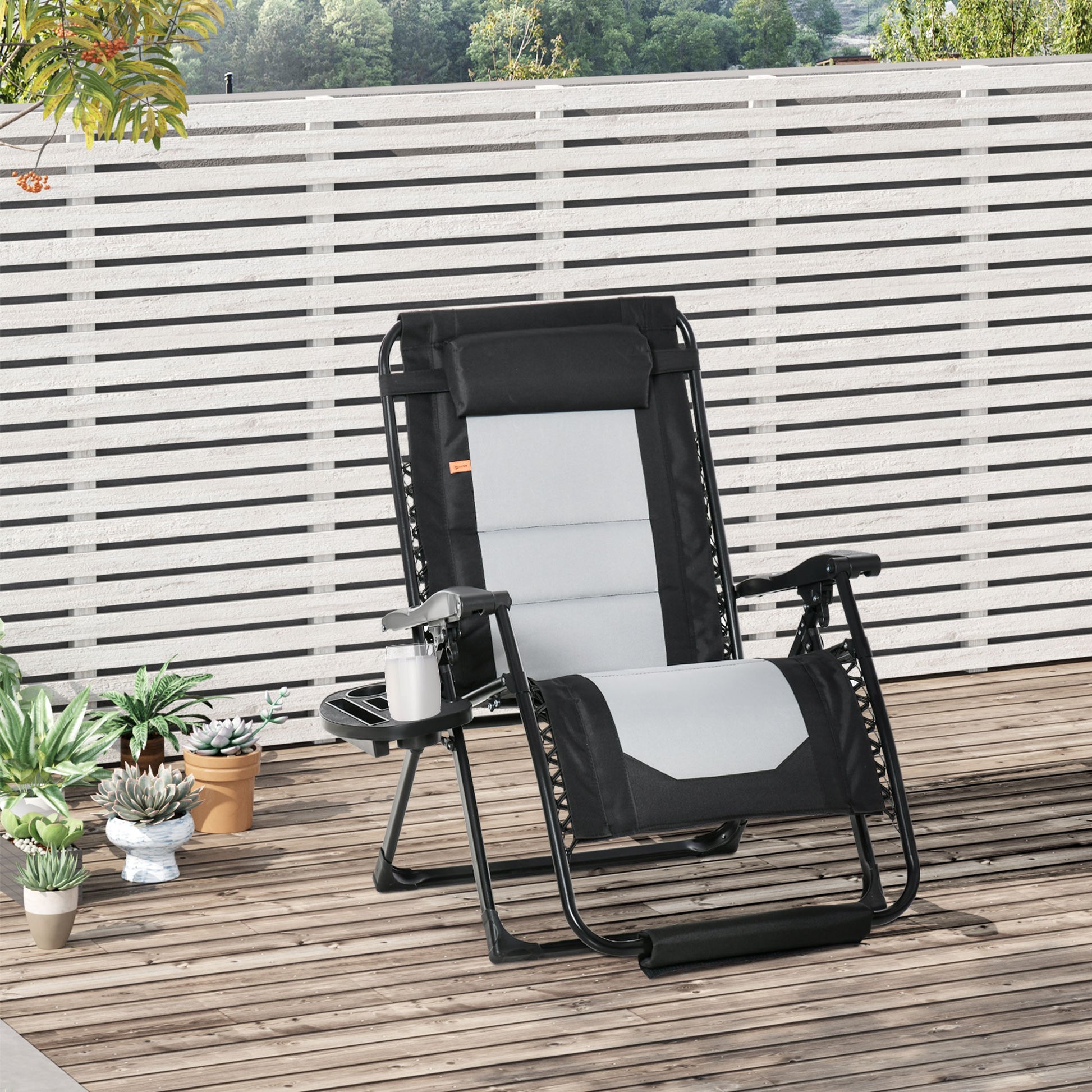 Outsunny Foldable Outdoor Lounge Chair With Footrest, Oversized Padded Zero Gravity Lounge Chair With Headrest, Side Tray, Cup Holders, Armrests For Camping, Lawn, Garden, Black Black Steel