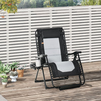 Outsunny Foldable Outdoor Lounge Chair With Footrest, Oversized Padded Zero Gravity Lounge Chair With Headrest, Side Tray, Cup Holders, Armrests For Camping, Lawn, Garden, Black Black Steel