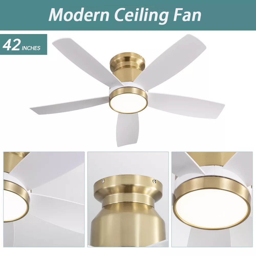 42 Inch Flush Mount Ceiling Fans With Led Light 18W And Remote Control 5 Abs Fan Blades For Bedroom Dining Room Gold Abs