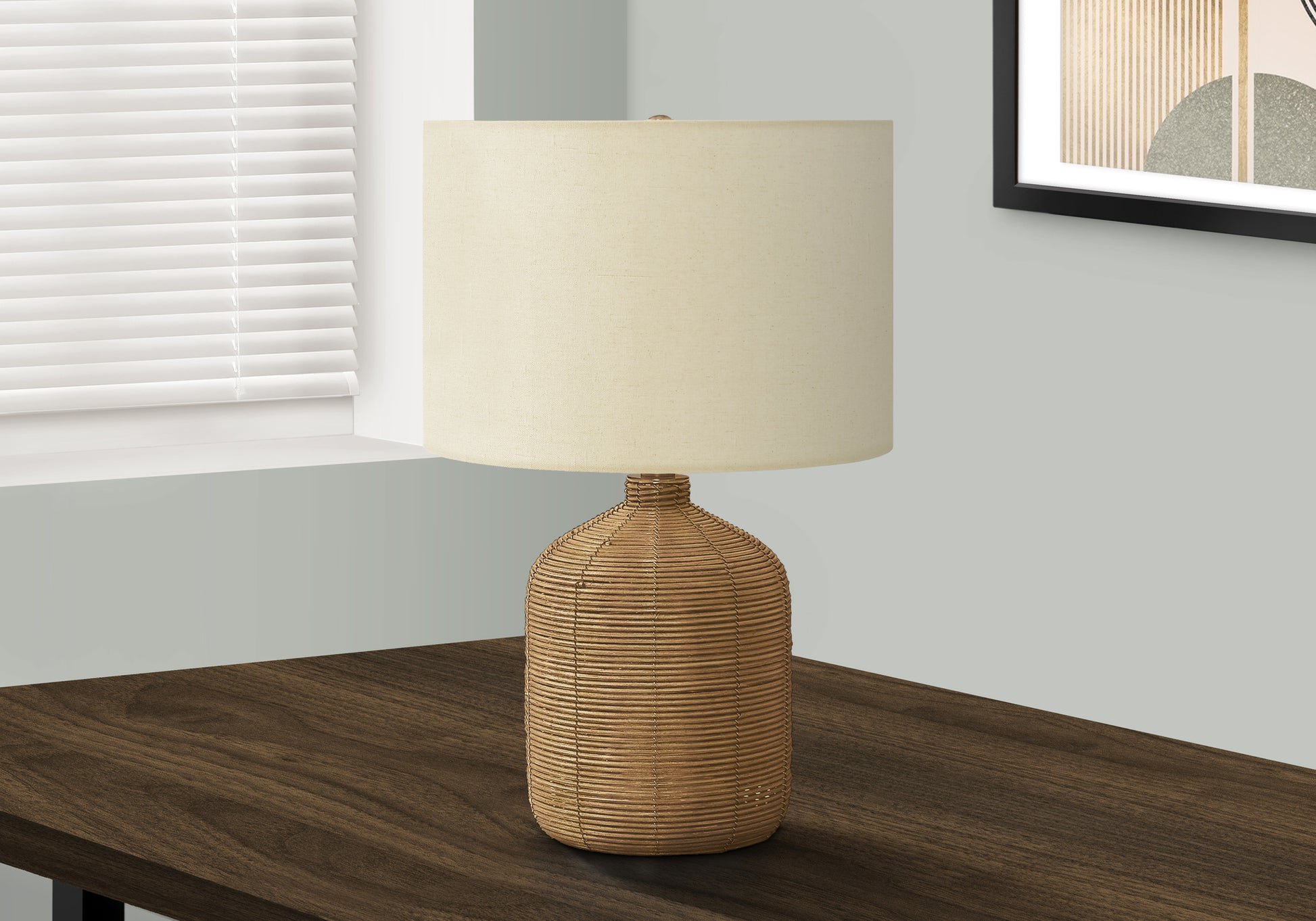 Lighting, 23"H, Table Lamp, Brown Rattan, Beige Shade, Modern Brown Rattan