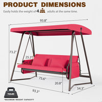 Outdoor Patio 3 Seaters Metal Swing Chair Swing Bed With Cushion And Adjustable Canopy Red Color Yes Red Weather Resistant Frame Garden & Outdoor Foam Metal