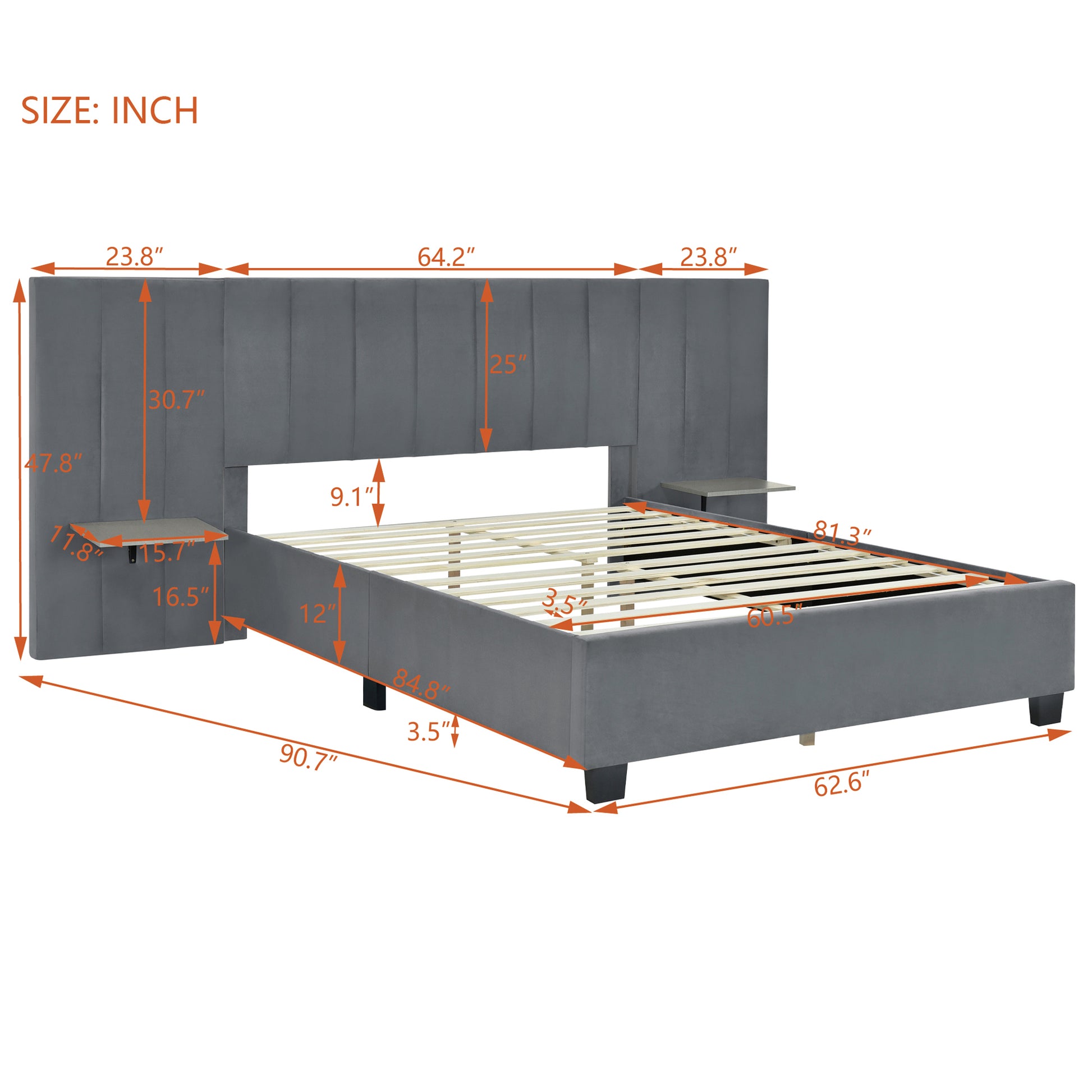 Queen Size Upholstered Platform Bed With Big Headboard, Bedroom Furniture, Velvet, Gray Queen Gray Plywood