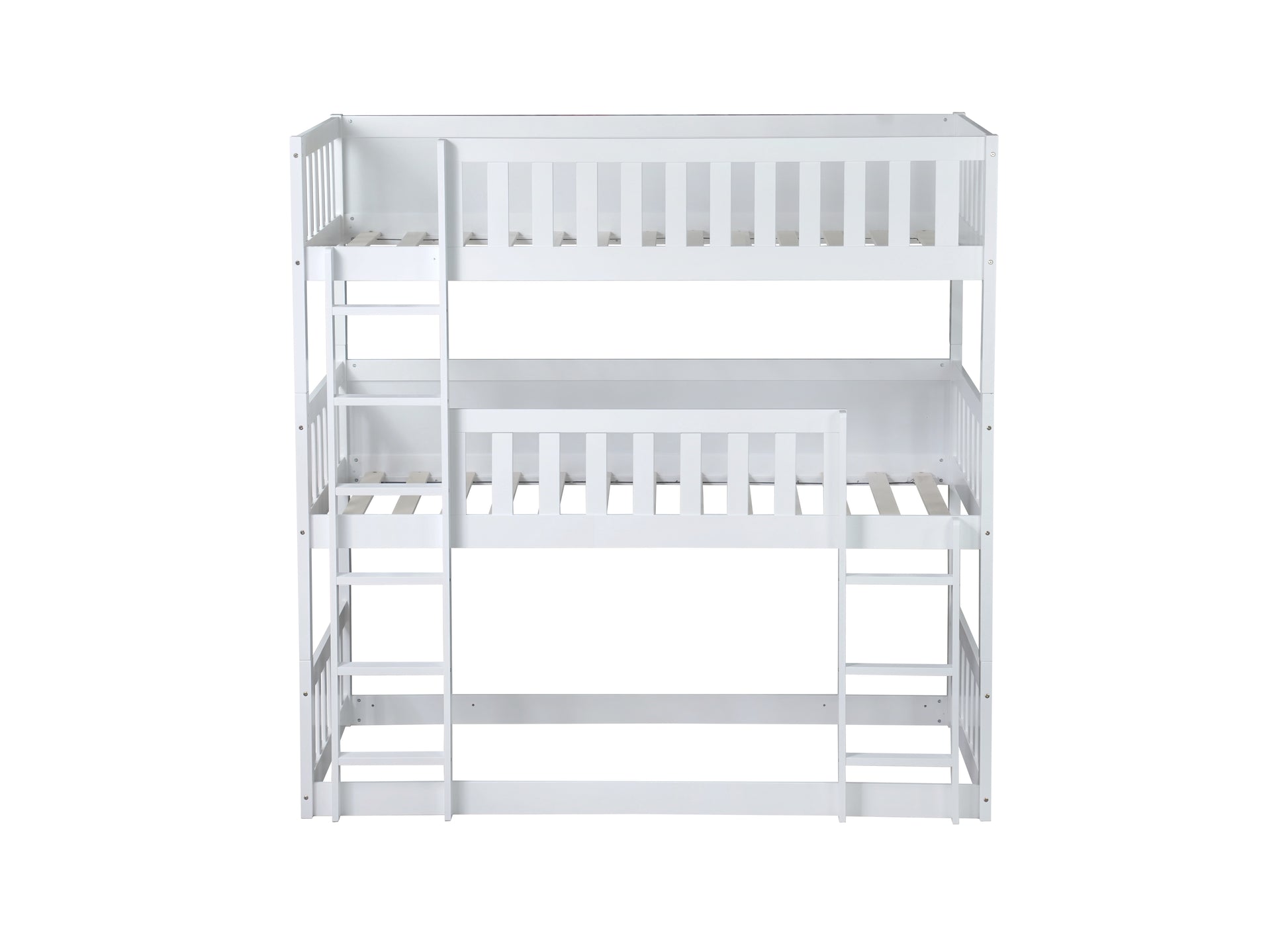 Twin Size Triple Rubber Wood Bunk Bed, With Ladders, Guardrails Detachable Bunk Bed, Twin Over Twin Over Twin,White Twin White Bedroom American Design Bed Frame Rubber Wood