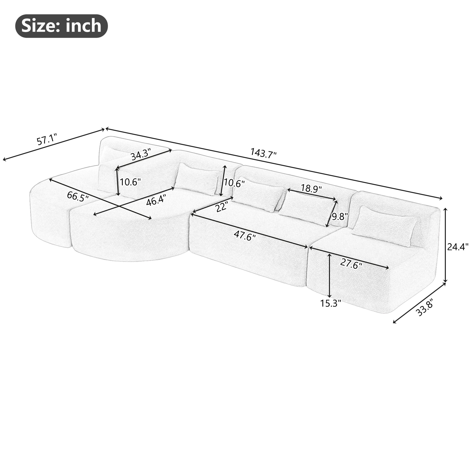 143.7" Upholstered Sofa Free Combined Sofa Couch With Two Chaise Lounge And Five Back Pillows For Living Room, Beige Beige Foam Polyester 5 Seat