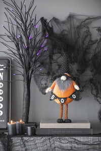 6.3X4.3X16" Fabric Standing Orange Gnome W Black Gnome & Holding Banner, For Halloween Decor Black,Orange,White Polyester