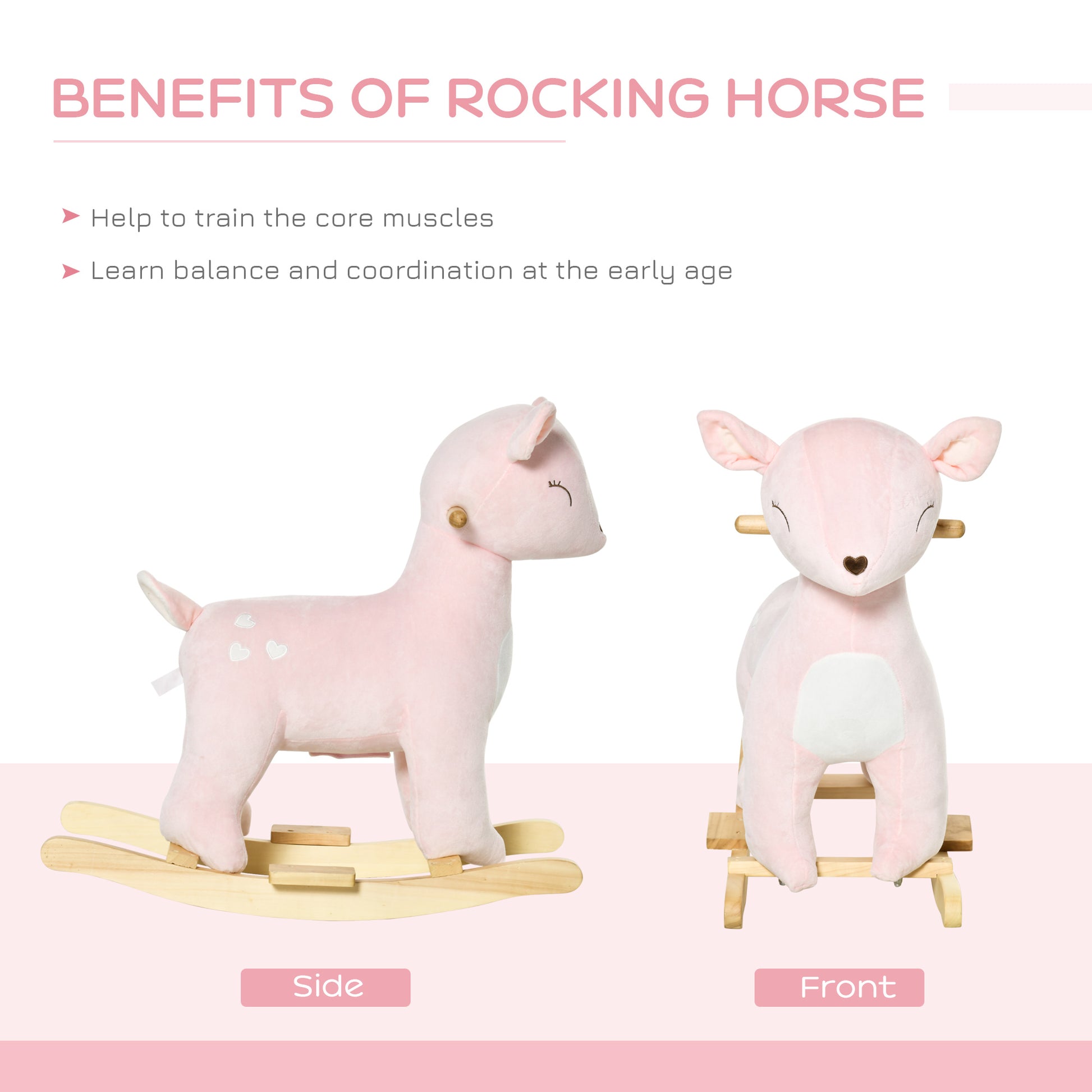 Qaba Kids Plush Ride On Rocking Horse Deer Shaped Plush Toy Rocker With Realistic Sounds For Child 36 72 Months Pink Pink Plush