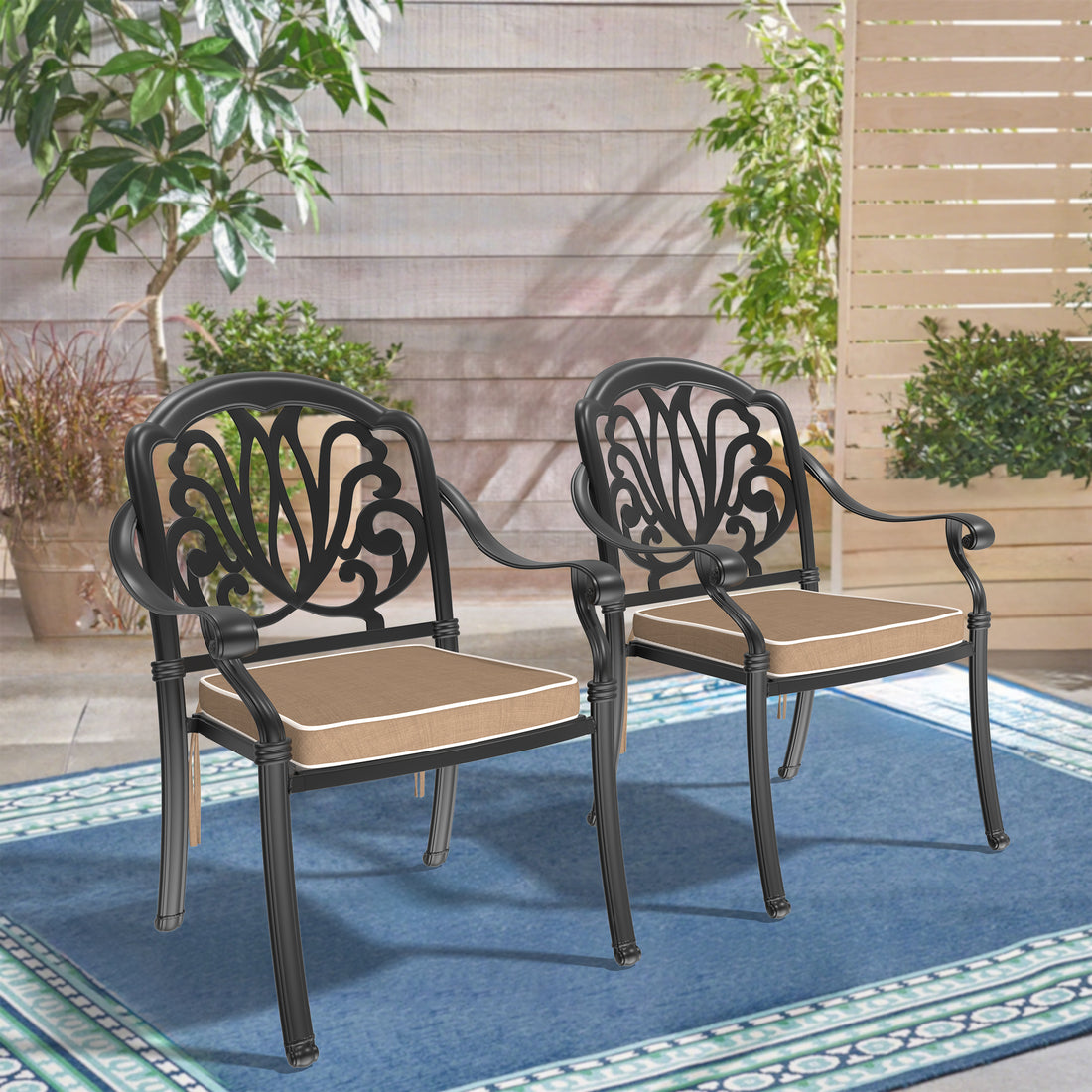 Cast Aluminum Patio Dining Chair 2Pcs With Black Frame And Cushions In Random Colors Yes Dining Set Black Rust Resistant Frame Water Resistant Cushion Garden & Outdoor Complete Patio Sets Aluminium