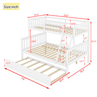 Twin Over Full Rubber Wood Bunk Bed With Trundle, Convertible Ladder And Guardrail, Detachable, Convertible Bed, With Twin Size Trundle ,White Twin White Rubber Wood