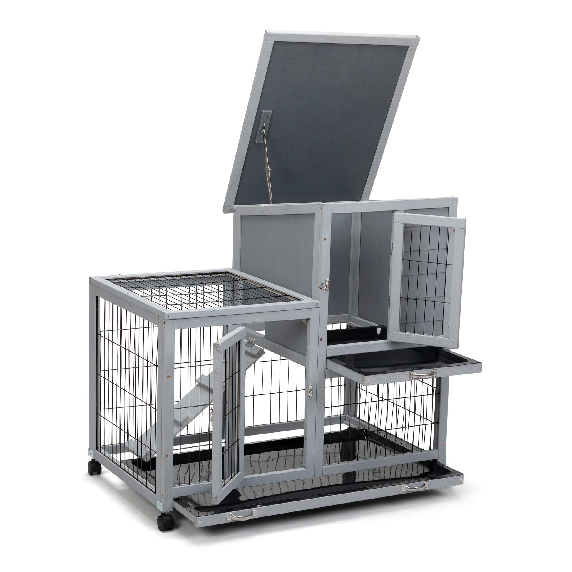 Detachable Rabbit Hutch With Removable Tray And Rolling Casters, Gray White White Gray Pine